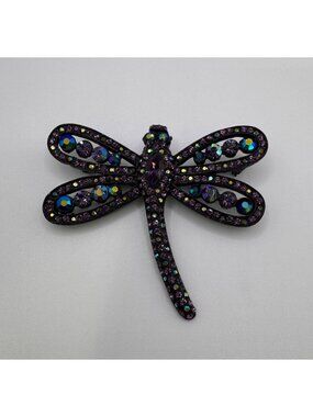 Signed Tara Dragonfly Brooch Japanned AB Blue Purple Rhinestone Pin Figural